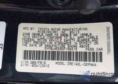 2013 Toyota Corolla Le z USA, uszkodzony, nr VIN 5YFBU4EE6DP169315